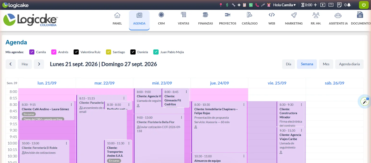 Agenda semanal del equipo en Logicake