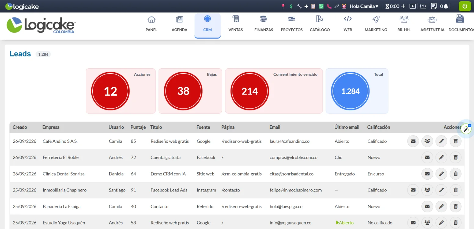 CRM de Logicake: lista de leads con puntaje, fuente y calificación