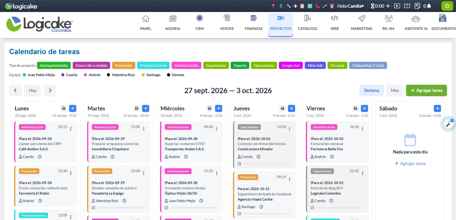 Calendario semanal de tareas en Logicake