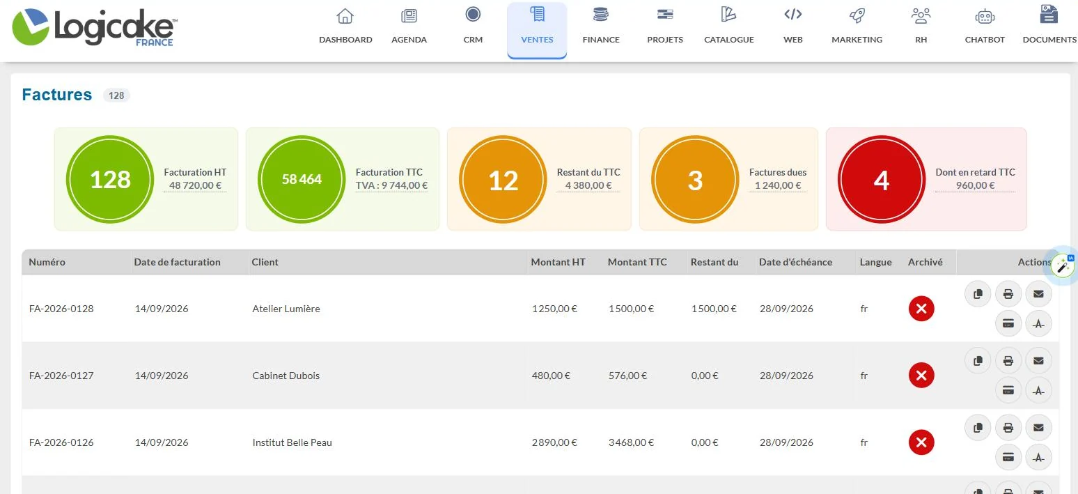 Liste des factures avec indicateurs dans Logicake