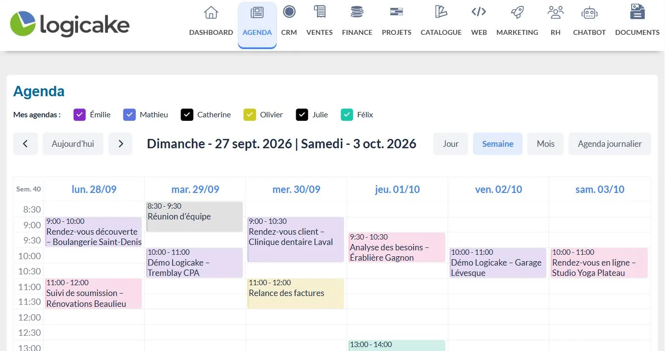 Agenda hebdomadaire de l’équipe dans Logicake