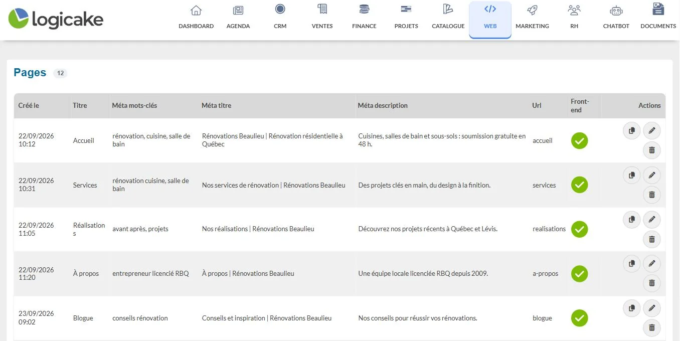 Gestion des pages du site web dans Logicake