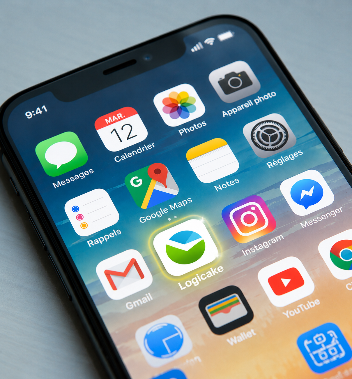 Écran de téléphone mettant en avant l’application Logicake