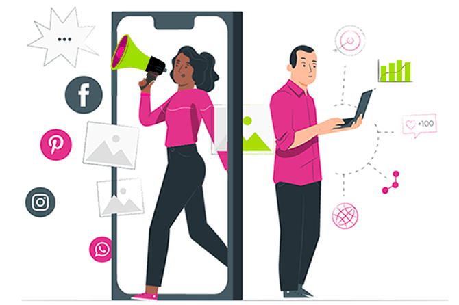 Ilustración: dos personas comparten su opinión desde sus dispositivos